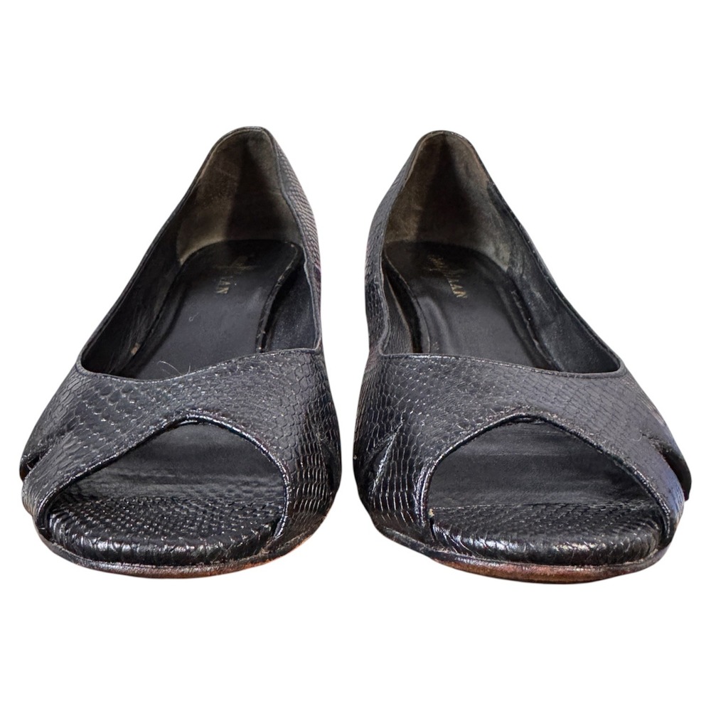 Cole Haan Peep Toe Wedge Pumps Black Reptile‎ Embossed Leather Shoes 8.5 B